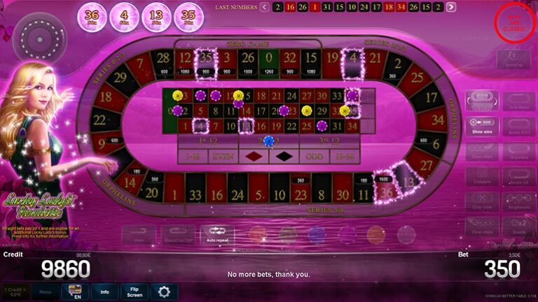 Lucky Lady's Roulette layout